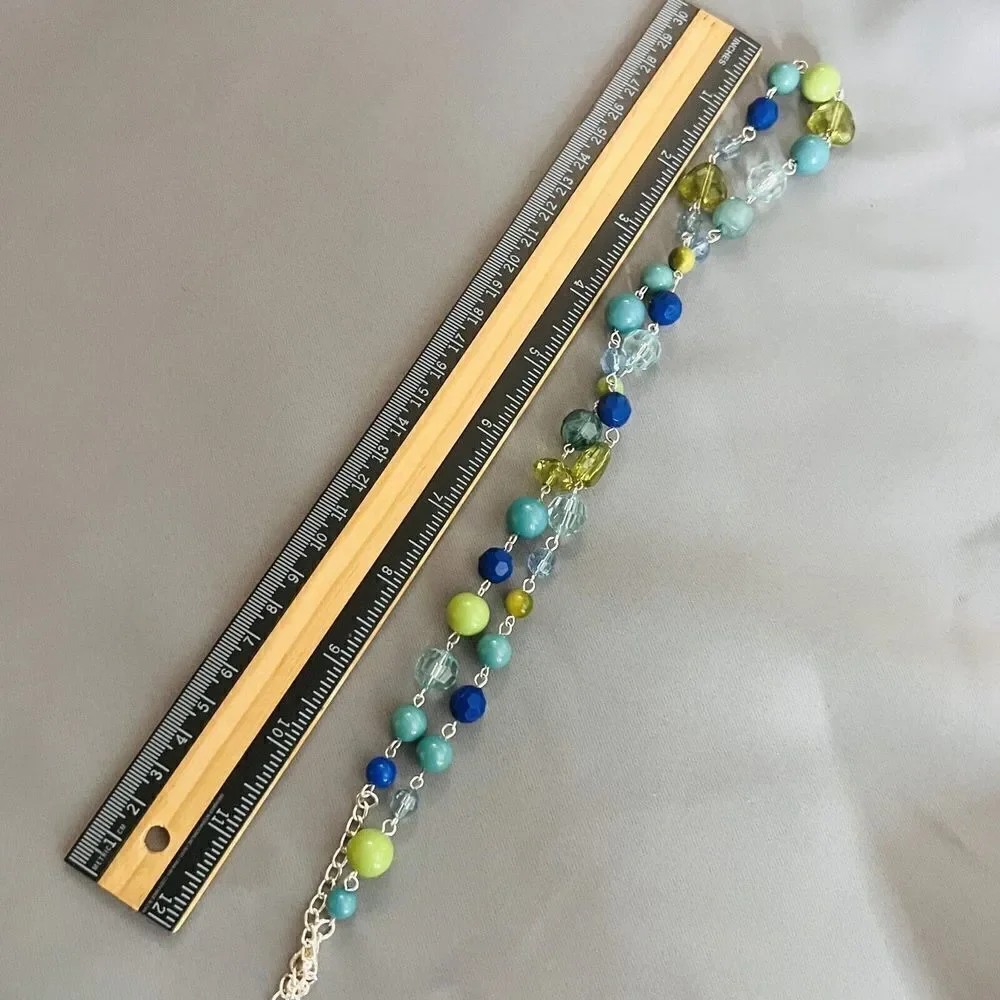 Vintage Necklace Blue Green Shades Beads Silver Tone Glass Heart Accents